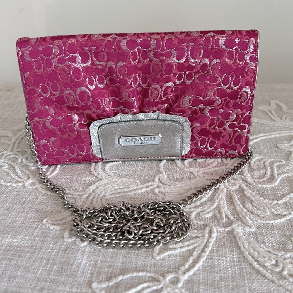 Coach Raspberry/Metallic Optic Lurex Signature C Mini Crossbody Clutch/Bag